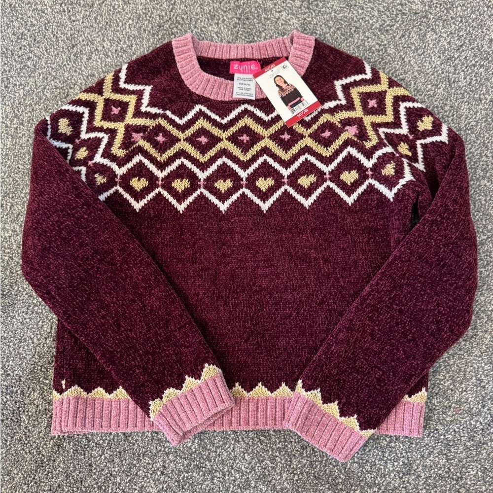 NWT! Girl’s Zunie multi colored burgundy pullover crew neck sweater size M 7/8